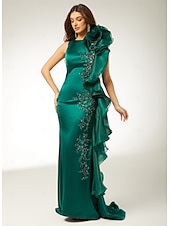 preiswerte GRÜN-Meerjungfrau/Trompete Abendkleid elegantes Kleid Verlobung Sweep/Pinselschleppe ärmellos bodenlang Rundhals Herbst Hochzeitsgast Stretch Satin mit Applikationen 2025