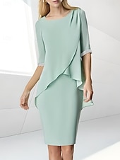 preiswerte Teelänge-Strandhochzeit Etuikleid Mutter der Braut Kleid Hochzeitsgast Eleganter Juwelenausschnitt Teelänge Chiffon halblangärmelig mit Perlen-Raffung