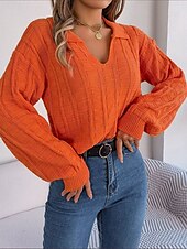 cheap Solid Colors-Women&#039;s Sweater Casual Soft Pure Color Ribbed V Neck Knitted Long Sleeve Regular Tops Knit Outdoor Daily Weekend White Orange Spring Fall