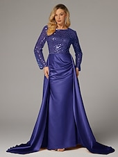 preiswerte Sekt-Meerjungfrau Abendkleid Elegantes Kleid Karneval Maskerade bodenlang langärmlig Illusions-Ausschnitt Champagner Brautmutter Kleid Satin mit Perlen Überrock