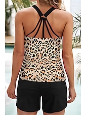 billiga Tankinis-Dam Badkläder Tankini 2 st Pojkeben Baddräkt Öppen rygg Hög midja Semester Standkläder Leopard Halterneck Ärmlös Baddräkter