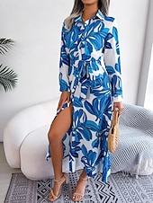 preiswerte Kleider für die Ferien-Damen Maxidress blusenkleid Casual kleid A Linie Kleid Stilvoll Brautkleider schlicht Urlaub Täglich Regular Fit Blumen Langarm Hemdkragen Blau Orange Frühling Herbst