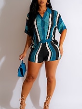 abordables Conjuntos de dos piezas-Mujer Vacaciones Moda Camisa Pantalones cortos de sudor Manga Corta Cuello Camisero Graphic Retazos Exterior Rojo Azul Piscina Naranja Verano Ajuste regular