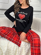 billige Nattøy for damer-Dame Pyjamas Sett Fritid Komfort Comfrt Hjerte T skjorte Bukse Hjem Langermet Crew-hals Rød Vår Høst Vinter