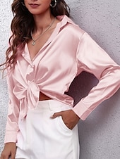 economico Top eleganti-Per donna Camicia Elegant Elegante Raso/Satin Tinta unica Affari Moderno Casual Manica Lunga Colletto a Camicia Top Regolari Lavoro Abbigliamento Formale Bottoni Giallo Rosa Vino Blu Verde Estate