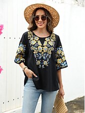 preiswerte Boho Tops-Damen Hemd Feste Farbe Blumen Brautkleider schlicht Boho 3/4 Ärmel Ellbogenlange Ärmel Rundhalsausschnitt Normale Oberteile Urlaub Party Täglich Bestickt Schwarz Herbst Frühling Sommer