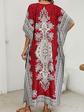 billiga Bohemklänningar-Dam Maxiklänning Vardagsklänning Boho Chic klänningar Boho-klänning bohemliv söt stil Stylish Semester Dagligen Strand Lös passning Grafisk Kortärmad V-hals Rubinrött Blå Sommar Vår Höst