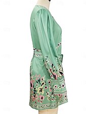 baratos Vestidos Florais Elegantes-Mulheres Minivestido Vestido casual Vestidos Boho Chic Vestido Boho Elegante Boêmia Estilo bonito Férias Diário Praia Ajuste Largo Gráfico Manga Longa Decote V Verde Claro Azul Céu Roxo Primavera