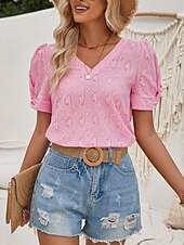 economico Top in Pizzo-Top Eleganti in Pizzo per Donna con Occhielli Maglietta di Colore Solido Regolare Maniche Corte Collo a V Regolare Fit Giornaliero Elegante Casual Romantico Petite Top Estivi da Vacanza Rosa Blu