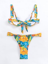 billiga Bikiniset-Dam Badkläder Bikini 2 st G-string Baddräkt Öppen rygg Smal Semester Standkläder Blommig Halterneck Ärmlös Baddräkter