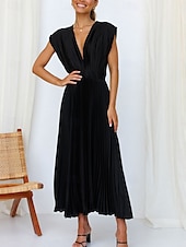 ieftine Rochii Party-Pentru femei Rochie casual Rochie Maxi Zdrobit Casual În V Fără manșon Negru Șampaniu Fucsia Culoare
