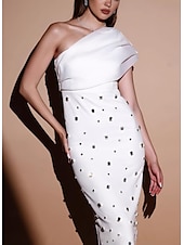 abordables BLANC-Robe de soirée Sheath  Colonne Élégante Robe Invité de mariage Longue crue Sans manches Une épaule mélange de coton avec strass