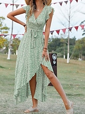 voordelige Casual bloemenjurken-Dames Maxi-jurk Casual jurk Boho chique jurken Bohemen leuke Style Stijlvol Flutter mouw Vakantie Dagelijks Strand Ruim Passend Grafisch Korte mouw V-hals Groen Donkerblauw Zomer Lente