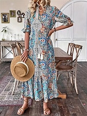 cheap Vacation Boho Dress-Women's Maxi Dress Casual Dress Boho Dress Cute Stylish Casual Vacation Daily Loose Fit Graphic 3/4 Length Sleeve V Neck Red Blue Orange Summer Spring Fall