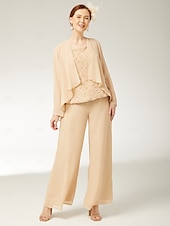 baratos Terninhos de calça da mamãe-Macacões 3 Peças Mãe da Noiva Elegante Plus Size Inclui Envoltório Gola Bateau Corte Longo Chiffon Sem Mangas com Renda 2025