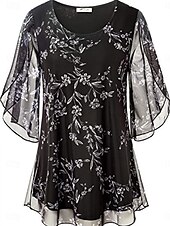 abordables Tops Graphiques pour Femmes-Femme Chemisier Graphic mode Décontractées Manches 3/4 Col Ras du Cou Hauts réguliers Vacances Soirée Travail Noir Blanche Bleu Printemps Automne
