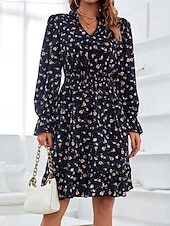 preiswerte Lässige Blumenkleider-Damen Normal Midikleid Chiffon-Kleid Elegant Vintage Täglich Verabredung Regular Fit Blumen Graphic Langarm V Ausschnitt Schwarz Marineblau Blau Frühling Herbst