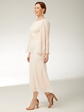 preiswerte Teelänge-zweiteiliges Etui-/Säulenkleid für die Mutter der Braut, elegantes Übergrößen-Ringhalskleid in Wadenlänge, ärmelloses Chiffon-Wickelkleid mit Schärpe/Band, Falten, Perlenbesatz, 2025