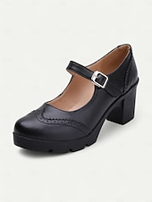 olcso Block Heels-női kék-fehér mary jane vaskos sarkú cipő brogue részletekkel, vintage stílusú kényelmes pumpák irodába, bulikba és mindennapi viseletre
