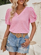 economico Top in Pizzo-Top Eleganti in Pizzo per Donna con Occhielli Maglietta di Colore Solido Regolare Maniche Corte Collo a V Regolare Fit Giornaliero Elegante Casual Romantico Petite Top Estivi da Vacanza Rosa Blu
