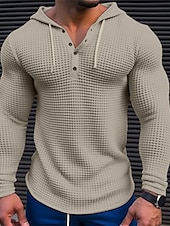 billiga Våffelstickad t-shirt-Herr Våffelskjorta T-shirt T-tröja Långärmad tröja Långärmad Huva Vår &amp; Höst Slät Mode Designer Grundläggande Semester Gata Utekväll Vit Khaki grön Ljusgrå Topp t-shirt för män