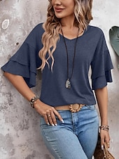 billige Plain t-skjorte-Dame T skjorte عادي Mote Moderne Fritid 3/4 ermer V-hals Vanlige topper Daglig Helg Drapering Rosa Navyblå Kakifarget Sommer Vår