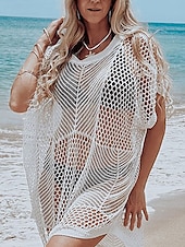 preiswerte Strandkleider-Damen Normal Sommerkleid Tropisch Hawaiianisch Glatt Midikleid Kurzarm Rundhalsausschnitt Patchwork Öse Regular Fit Strand Weiß Sommer