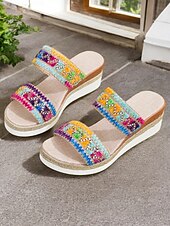 cheap Vacation Sandals-Women&#039;s Bohemian Wedge Sandals – Colorful Embroidered Slip-On Platform Shoes for Summer, Beach, and Casual Wear