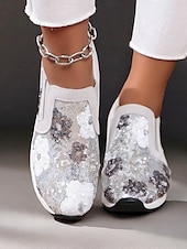 levne Dámské tenisky-dámské květinové flitrové slip-on tenisky - pohodlné třpytivé ležérní boty s klínovou podrážkou, ideální na procházky nebo párty