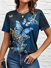 billige Dyrene tee-Dame T skjorte Sommerfugl Fritid Kortermet Rund hals Vanlige topper Daglig Trykt mønster Blå Sommer