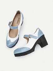 olcso Block Heels-női kék-fehér mary jane vaskos sarkú cipő brogue részletekkel, vintage stílusú kényelmes pumpák irodába, bulikba és mindennapi viseletre