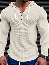 billiga Våffelstickad t-shirt-Herr Våffelskjorta T-shirt T-tröja Långärmad tröja Långärmad Huva Vår &amp; Höst Slät Mode Designer Grundläggande Semester Gata Utekväll Vit Khaki grön Ljusgrå Topp t-shirt för män