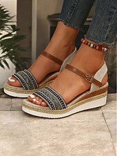 levne Sandály na dovolenou-dámské boho sandály na platformě s copánkovými pásky a kamínkovými akcenty - pohodlné letní boty na klínku pro běžné výlety