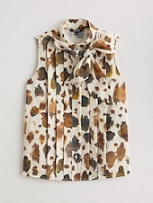 cheap Shirts,Tops &amp; Blouses-Sleeveless Pleated Button Front Bow Neck Blouse