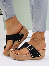 preiswerte Lässige Sandalen-Blaue Keilsandaletten für Damen mit Schnallenriemen und Nietendetails, bequeme Sommerschuhe für die Freizeit und den Strand