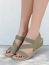 クッションソール付きレディースグリーン伸縮性ストラップウェッジサンダル - カジュアルウェアや旅行に最適な快適な夏用シューズ お買い得  快適なサンダル-クッションソール付きレディースグリーン伸縮性ストラップウェッジサンダル - カジュアルウェアや旅行に最適な快適な夏用シューズ