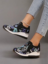 levne Dámské tenisky-dámské květinové flitrové slip-on tenisky - pohodlné třpytivé ležérní boty s klínovou podrážkou, ideální na procházky nebo párty