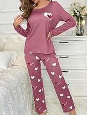 billiga Sovkläder till damer-Dam Pyjamas set Ledigt Komfort Comfrt Hjärta T-shirt Byxa Hem Långärmad Rund hals Rodnande Rosa Vår Höst Vinter