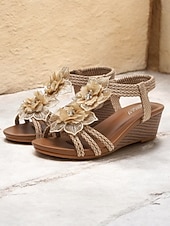 baratos Sandálias plataforma anabela-sandálias femininas estilo boêmio marrom com salto plataforma e detalhes florais - sandálias confortáveis de verão para praia e passeios casuais