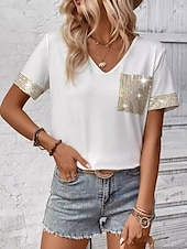 preiswerte Damen Einfache Oberteile-Damen Bluse Feste Farbe Basic Brautkleider schlicht Kurzarm V Ausschnitt Normale Oberteile Täglich Pailletten Patchwork Tasche Schwarz Weiß Sommer Frühling