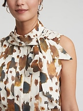 cheap Shirts,Tops &amp; Blouses-Sleeveless Pleated Button Front Bow Neck Blouse