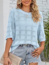 お買い得  単色-女性用 ニット カジュアル ソフト ピュアカラー リブ クルーネック ニット 七分袖 レギュラートップス ニット アウトドア 日常 週末 ホワイト ピンク 春 秋