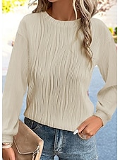 cheap Plain Tops-Women&#039;s Shirt Blouse Solid Color Basic Casual Long Sleeve Crew Neck Regular Tops Daily Patchwork Black White Beige Fall Winter