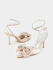 cheap Prom-Nude Satin Rhinestone Bow Pointed Toe Stiletto Heels for Women - Prom Party Shoes or Wedding