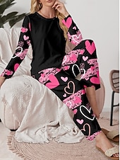 billiga Sovkläder till damer-Dam Pyjamas set Ledigt Komfort Comfrt Hjärta T-shirt Byxa Hem Alla hjärtans dag Dagligen Långärmad Rund hals Rodnande Rosa Vår Höst Vinter