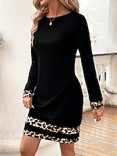 billiga Casual svart klänning-Dam Mini klänning Svart klänning Vardagsklänning Cocktail klänning Bodycon Stylish Ledigt Semester Dagligen Normal Leopard Långärmad Rund hals Svart Vår Höst