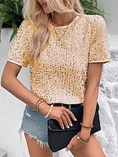 billige Dressy topper-Dame Paljetter Glitrende Party Glimmer عادي Mote Moderne Fritid Kortermet Crew-hals Vanlige topper Daglig Helg Paljetter Svart Rosa Gull Sommer Vår