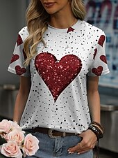 cheap Art&amp;Design tee-Valentine Women&#039;s Heart T Shirt Casual Regular Tops Short Sleeve Round Neck Print Regular Fit Valentine&#039;s Day Daily White Summer