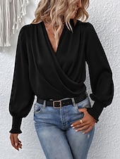 voordelige Elegante topjes-Dames Overhemd Blouse Effen Kleur Zakelijk Modern Casual Lange mouw V-hals Normale tops Werk Formele kleding Met ruches Zwart Blozend Roze Zomer Lente