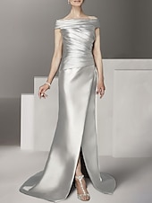economico GRIGIO-Abito A-Line per la Madre della Sposa Abito Formale Ospite di Matrimonio Elegante Collo a Barchetta Spalla Scoperta Lunghezza Tera Lunghezza Caviglia Satin Italia Mezza Manica con Ruching 2025